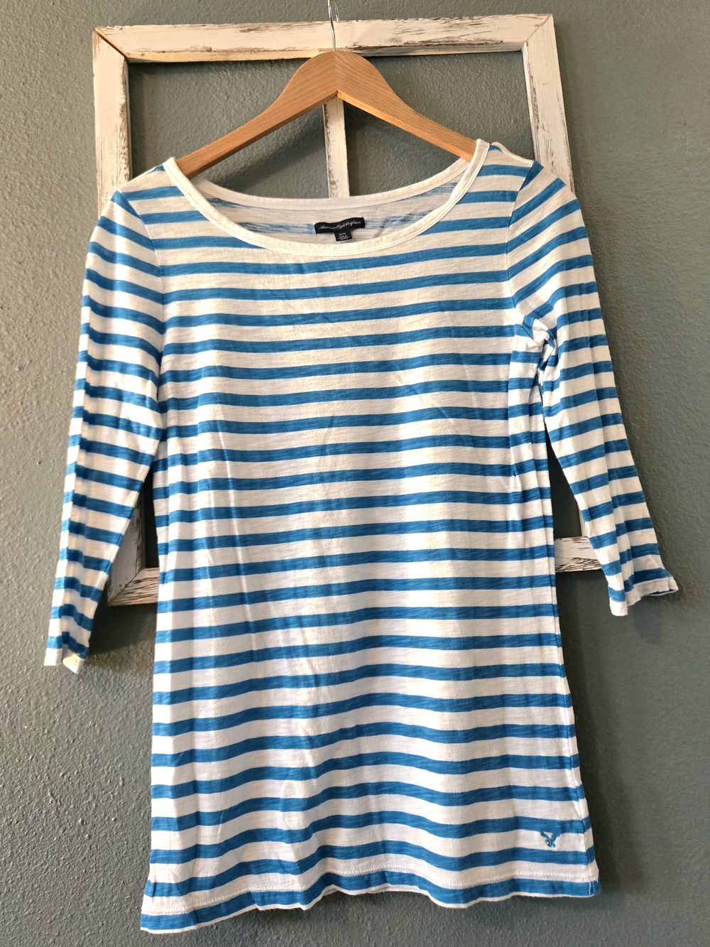 American Eagle Blue & White Nautical Striped 3/4 Sleeve Boat Neck Tee - M